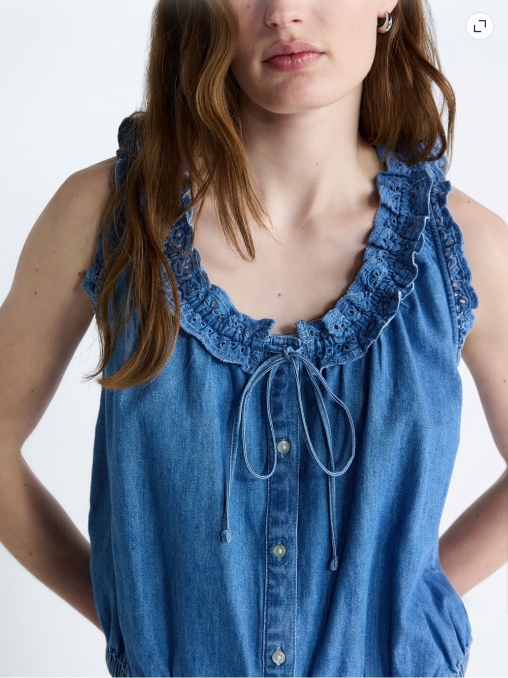 Free Assembly Women’s Denim Blue Ruffled-Neck Denim Top